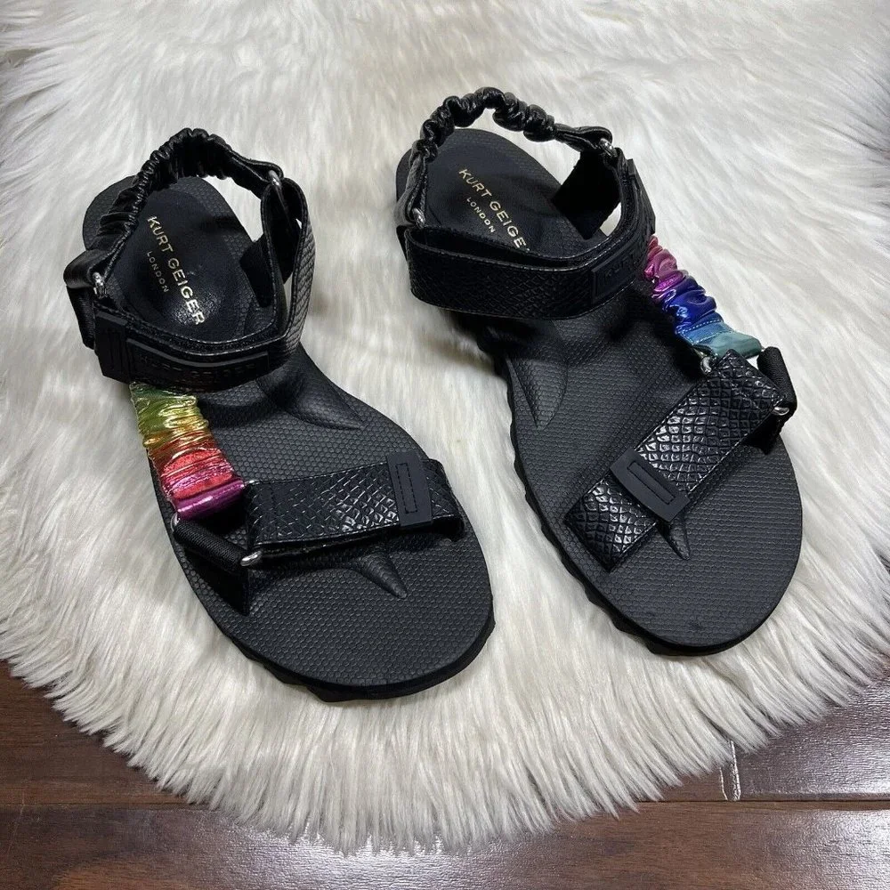 NEW Kurt Geiger Men's Size 44.5 / US 10.5 Black Rainbow  Leather Orion Sandals‎